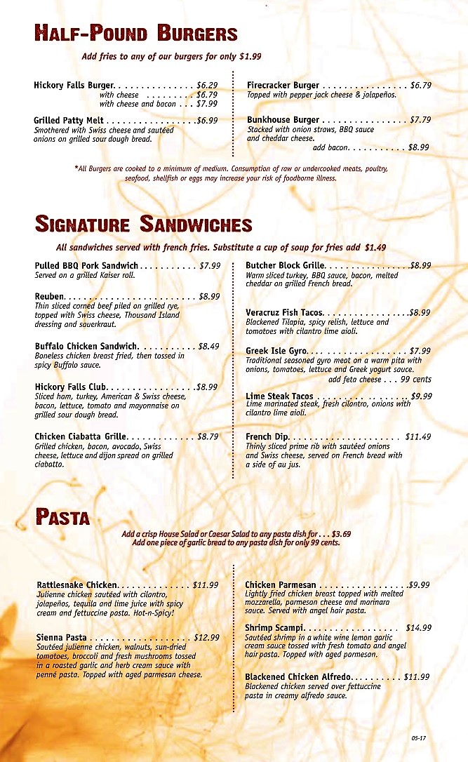 hickory falls wood fired grille bar dining menu hickory falls wood fired grille bar dining menu